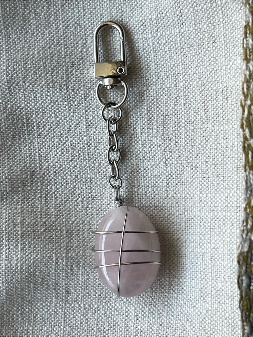 Oval Rose Quartz Bag Charm / Key Chain Silver Stainless Steel Hardware